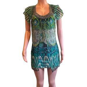 Alberto Makali Mini Dress Womens S Green Blue Print Jeweled Neck Boho Tunic